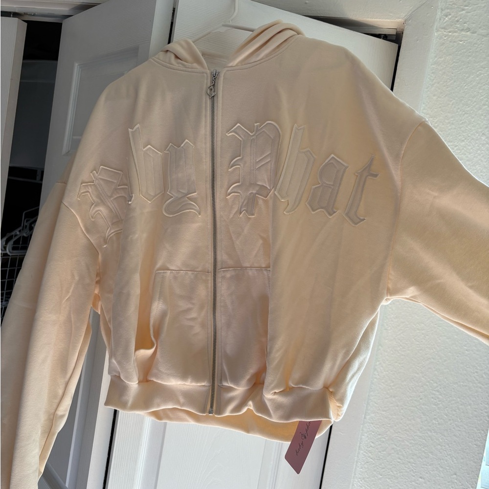 Baby Phat Gothic Embroidered Zip-Up Hoodie Cream